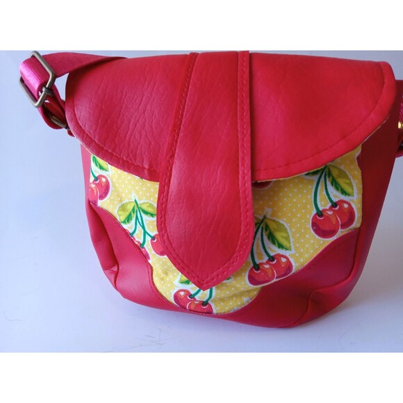 Handmade Cross Body Bag Red Faux Leather w/ Yellow & Cherry Retro Cotton - Picture 4 of 15
